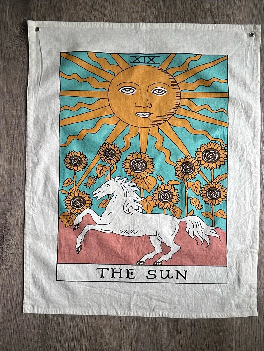 The Sun Tarot Wall Tapestry in Teal, Gold, White
